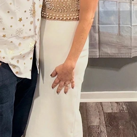 Elegant White Midi Dress with Beaded Pearl Top BELLA BARNETT - Picture 3 of 6